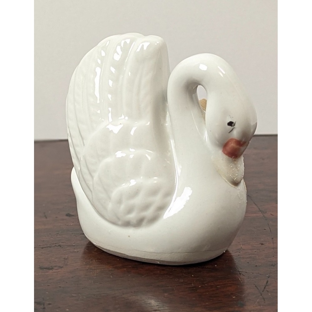 Vintage White Ceramic Swan Figurine Ribbon Rose Accent Glossy Bird 90s Decor - Picture 2 of 8